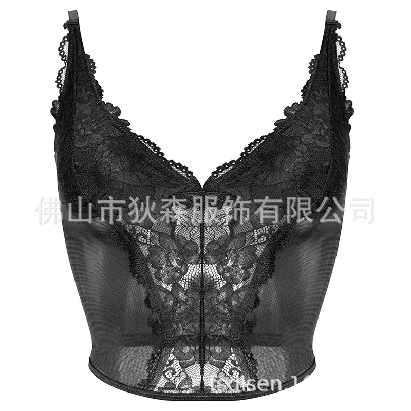 Nueva perspectiva de encaje de estilo europeo y americano, espalda abierta en V profunda, eslinga sexy delgada y delgada