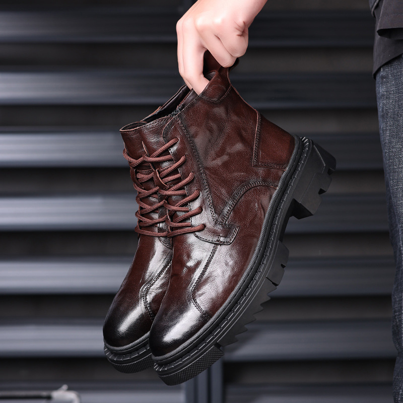 Primera capa de piel de oveja de los hombres botas Martin de alta superior forrado de lana caliente zapatos acolchados de algodón Mono de cuero botas de los hombres de moda botas de cuero