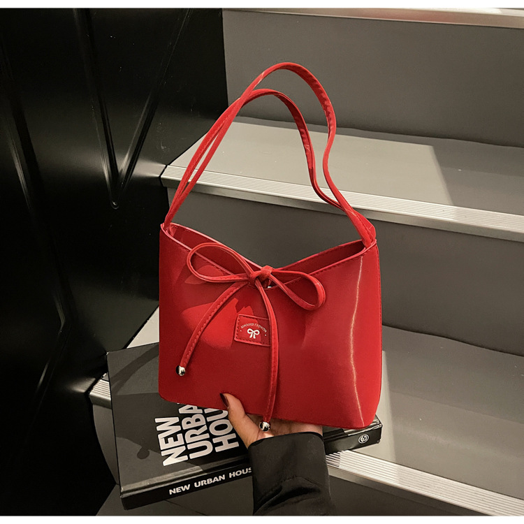 Women's fashion bucket bag 2025 new retro handbag, bow single-shoulder bag, solid color versatile underarm bag undefined