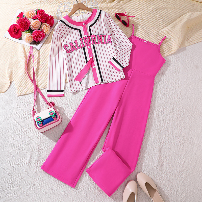 Completo bambina con giacca a righe stampata canotta e pantaloni_voghion.com