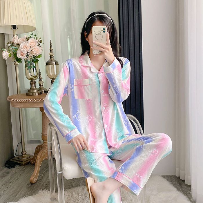 Al por mayor transfronterizo otoño nuevo pijama de algodón nublado, cardigan de manga larga, pantalones largos de dos piezas, ropa para el hogar se puede usar fuera