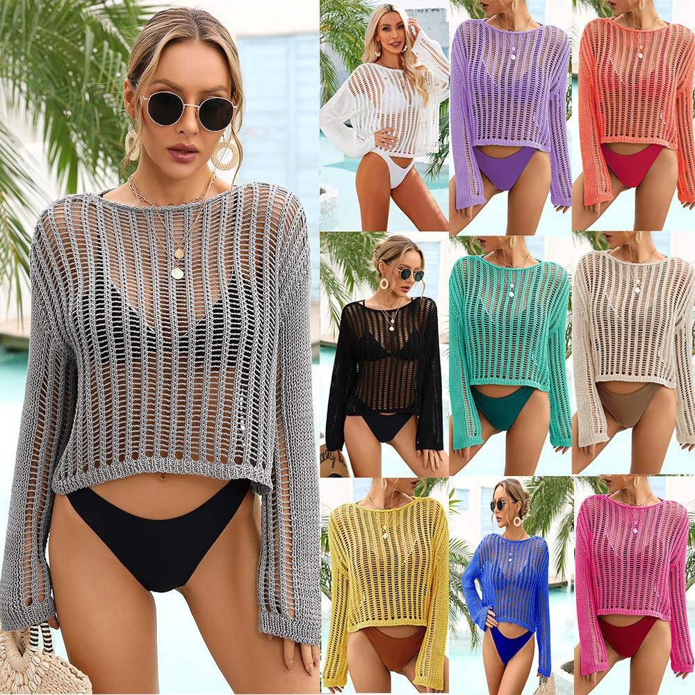 2026 Summer Cross-Border Amazon Foreign Trade Hand-Crochet Cover-Up Beach Hollow-Out Vacation Knitted Women's Long-Sleeved Sun Protection Shirt