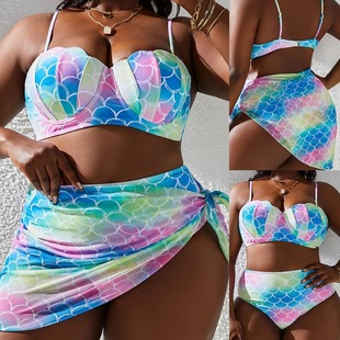 2024 AliExpress new European and American color printed large size swimsuit three-piece women's beach skirt split swimsuit wholesale