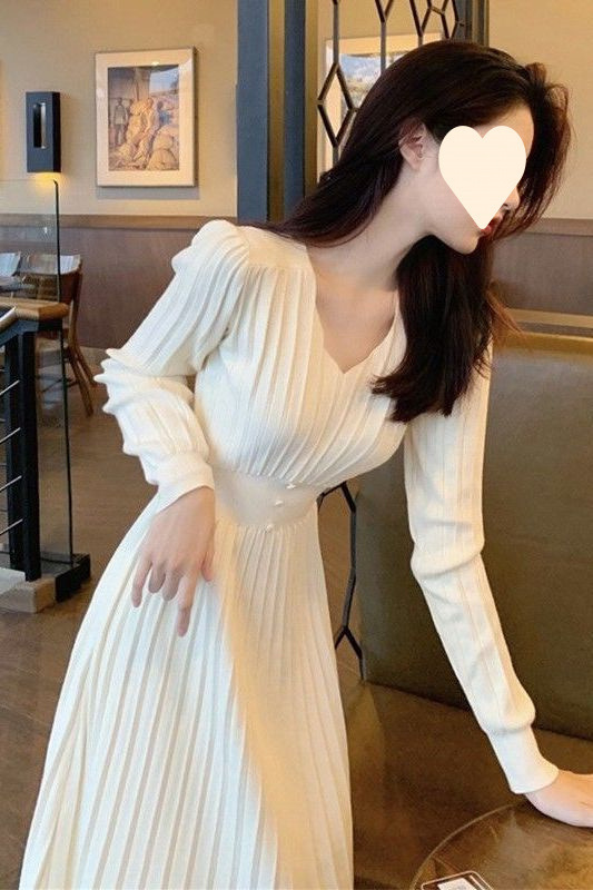 白色针织内搭连衣裙女秋冬韩剧穿搭配大衣毛衣裙子打底中长款加厚|undefined