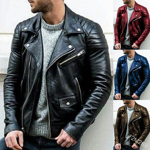 European and American Spring & Fall New Amazon European and American Men's Leather Jacket Stand Collar Punk Men's Motorcycle Leather Jacket Large Size