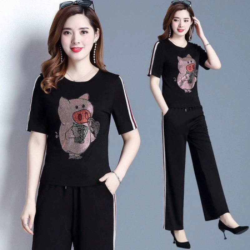 Костюм для круглых девочек, Модный повседневный спортивный костюм больших размеров, женские летние свободные брюки с короткими рукавами и широкими штанинами, модный костюм из двух частей, оптовая продажа
