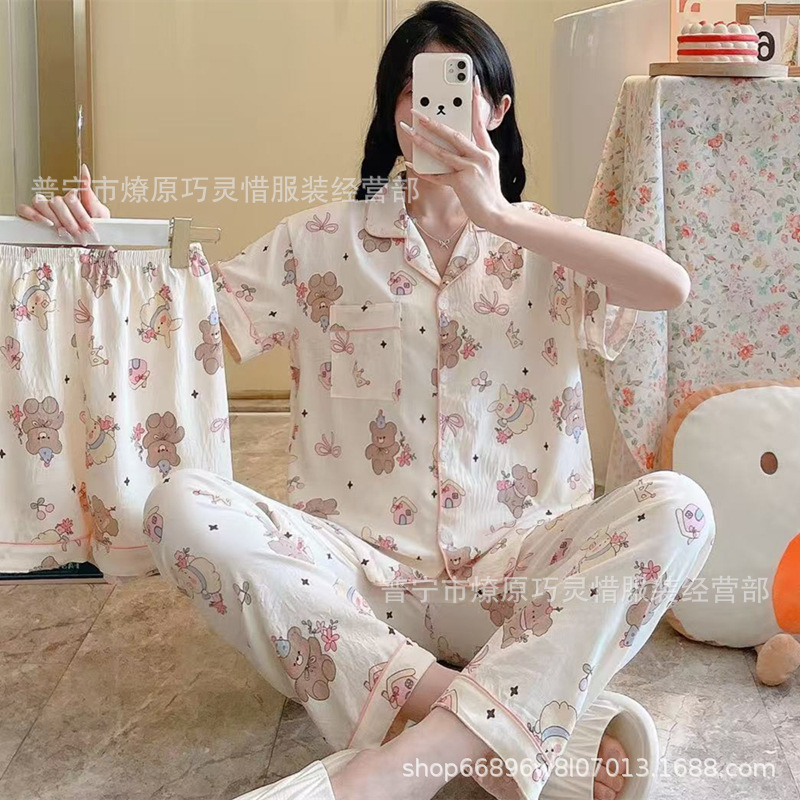 Red famosa nuevo pijama de mujer nubes de verano algodón pantalones cortos de manga corta pantalones largos de tres piezas de dibujos animados set de ropa para el hogar