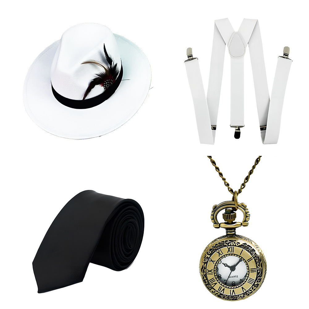 1920s Gatsby Party Dress Up Correa Reloj de bolsillo Barba falsa Traje Vestido de moda Sombrero de copa Corbata Años 20