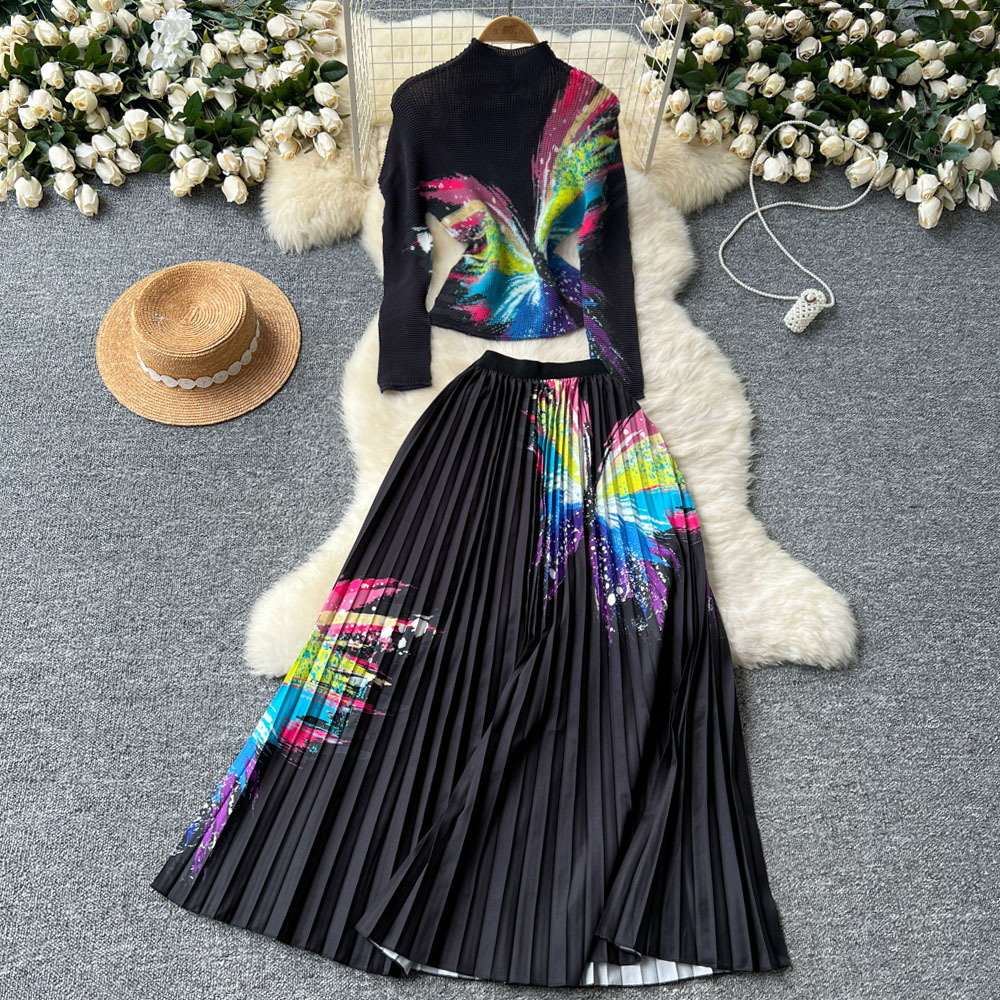 Women's Clothing celebrities elegant pleated print mid neck long sleeved tops for women high waist slim pleated skirt autumn set D_voghion.com