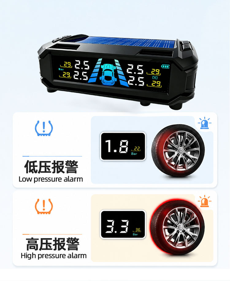 Solar-Powered True Tpms Tire Pressure Monitoring System with Built-In and External High-Precision Wireless Car Tire Pressure Sensors