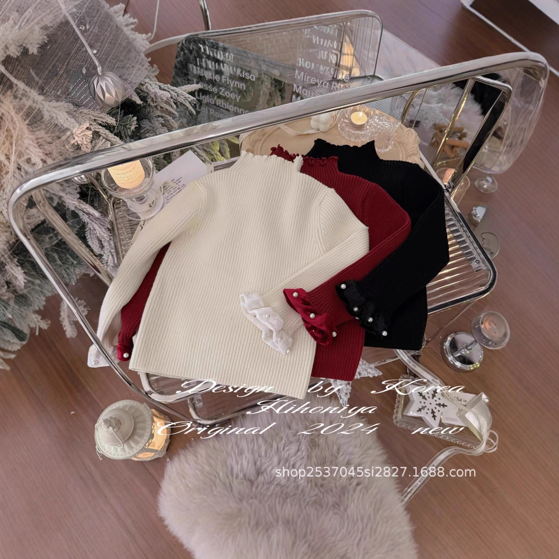 2026 Winter Baby Style Pearl Ruffle Cuffs Girls' Korean Style Round Neck Pullover Sweater Base Layer Korean Children's Clothing