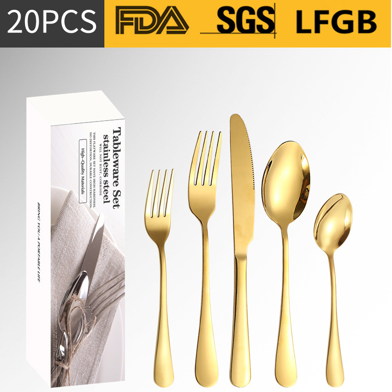 Amazon Venta caliente vajilla de acero inoxidable 20/40/60 unidades conjunto 1010 serie 5 piezas principales caja simple cuchillo, tenedor y cuchara traje