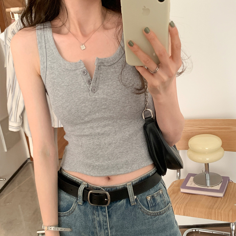 European and American White Threaded Half-open Neck Knitted Camisole Women's Inner Wear Summer New Tight Spice Girl Short Top