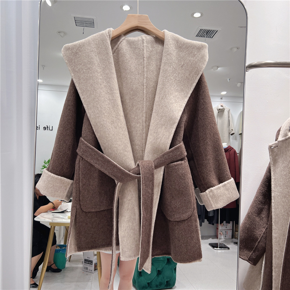 Hooded Double-Sided Cashmere Coat Women's Autumn and Winter New Loose Lace-Up Cloak Cocoon Wool Coat for Petite