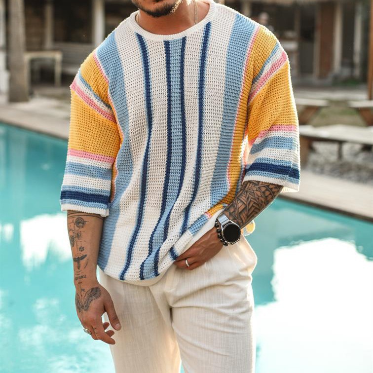 STY Men's Wear/2025 Autumn Loose Crewneck Middle Sleeve Sweater Cross-border European and American Men's plus size Striped Knitted Shirt