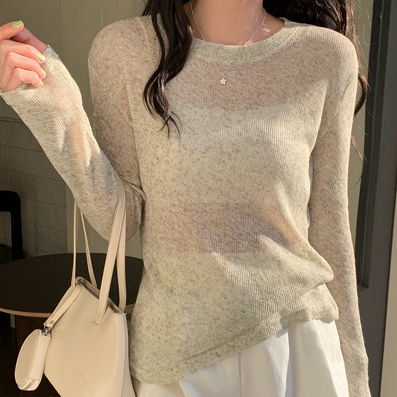 Summer Thin Loose-Fitting Round-Neck Long-Sleeve Sheer Knit Top for Women, Linen Hollow-Out Design Versatile Cover-Up Blouse