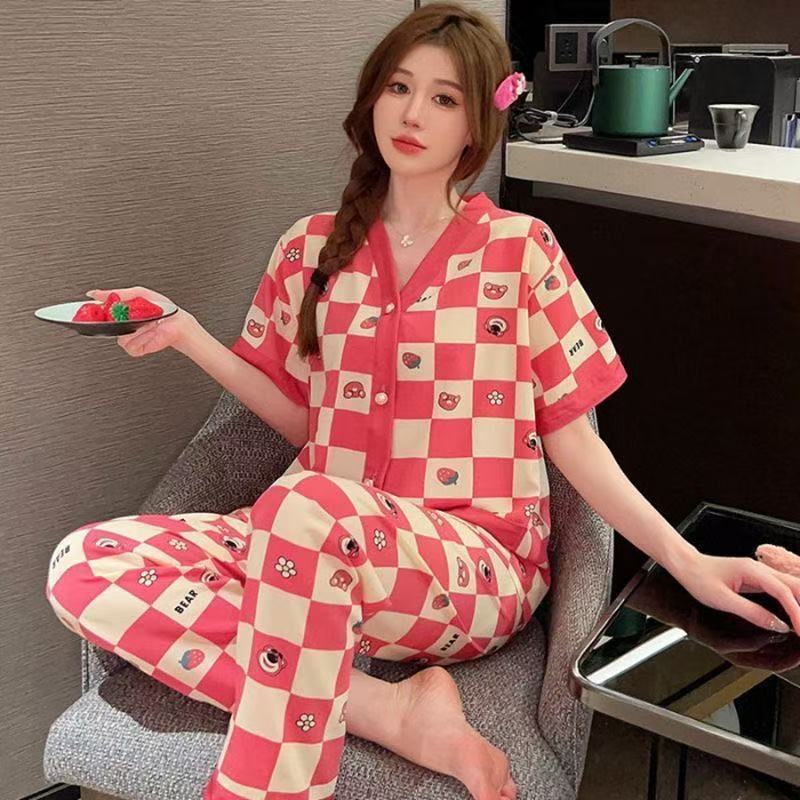 Pijama de seda de hielo para mujeres 2025 nuevo verano delgado de manga corta de seda de verano de algodón Walwind set de ropa para el hogar