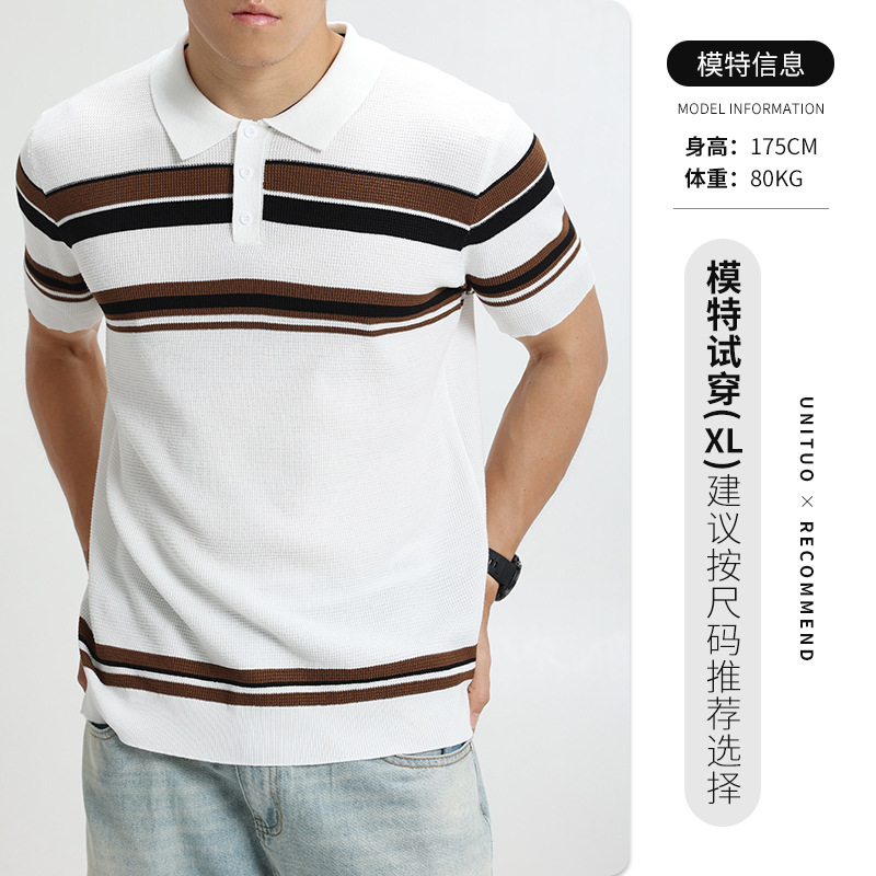 Camiseta de polo de hielo de alto nivel de hombre con cuello corto de manga corta, camiseta de punto a rayas de contraste, camiseta de negocios, camiseta casual de Paul