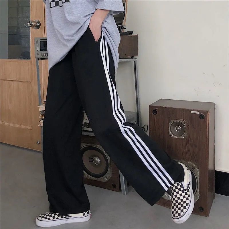 2023 Spring and Autumn New Large Size Sports Pants for Female Students Loose Slim Wide Leg Pants Three Bars Nine Points Casual Pants for Men and Women 2023 Spring and Autumn New Large Size Sports Pants for Female Students Loose Slim Wide Leg Pants Three Bars Nine Points Casual Pants for Men and Women