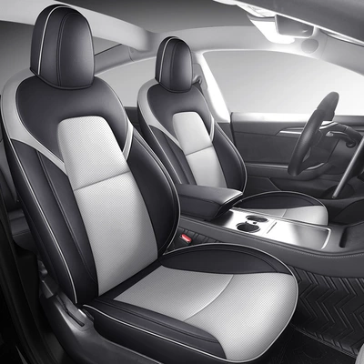 Tesla Model 3 Special Nappa Leather Car Seat Cushion, Universal for All Seasons, Fully Enclosed Seat Cover, Breathable Seat Cushion (Modelə uyğun (Original) oturacaq örtükləri) - black-and-gray-standard-version-remarks-model-year-rear-half-package