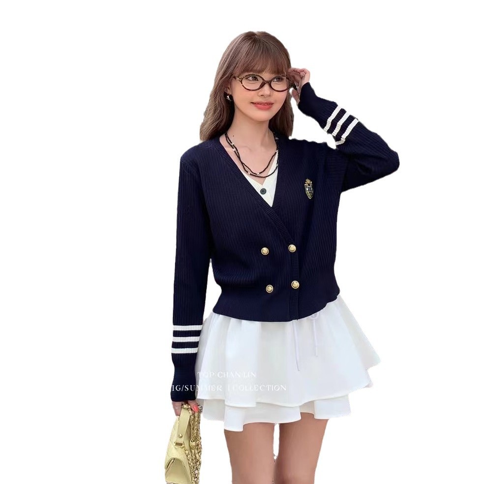 다크 브라운 V 넥 더블 브레스트 페이크 투피스 니트 카디건 여성 가을 한국식 칼리지 스타일 슬림 슬리밍 스웨터 탑