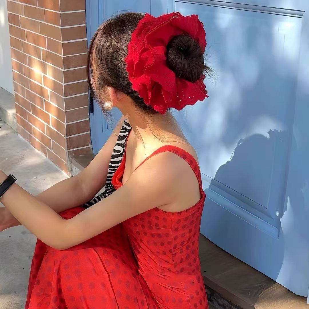 女式梦玲同款花边蕾丝法式ins高颜值大肠奶油发绳发饰批发