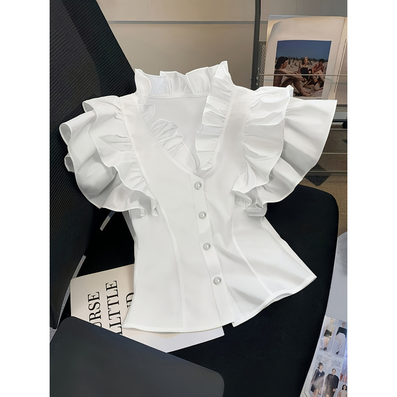 T 99942 Ruffled Cropped White Shirt