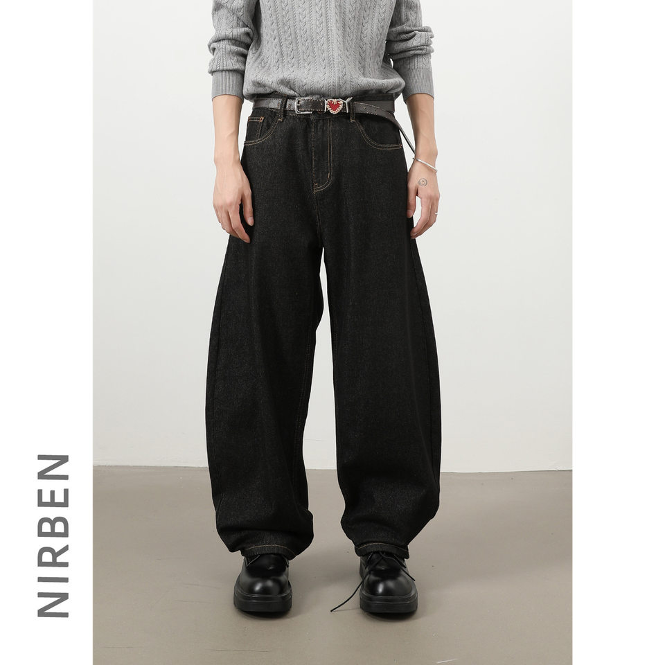 Quần jeans nam ống rộng dáng suông phong cách Mỹ, jean bò nguyên bản, lưng giữa, túi khóa kéo — Denim đen, Trắng, lâu, màu xanh