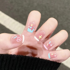 Fresh and cute style wearable nail beauty sticker star heart print French short detachable fake nail stickers