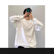 重磅高端潮牌纯棉白色纯色宽松圆领打底衫长袖T恤男内搭上衣服白t