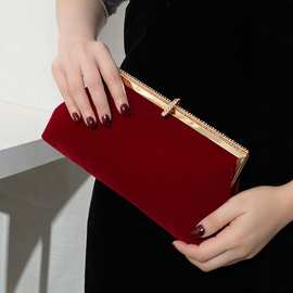 时尚气质丝绒手拿包晚宴包镶钻锁扣宴会旗袍婚礼晚礼服包链条女包