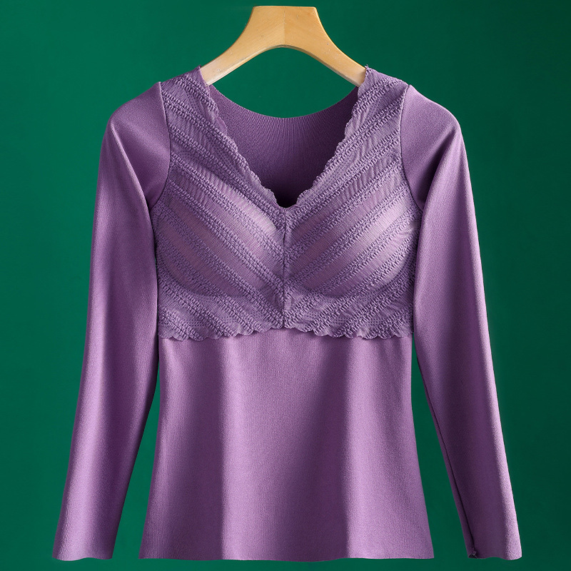 Otoño e Invierno de terciopelo sin costuras ropa interior térmica engrosada de las mujeres con cuello en V encaje bottoming ropa con almohadilla en el pecho temperatura constante térmica de manga larga