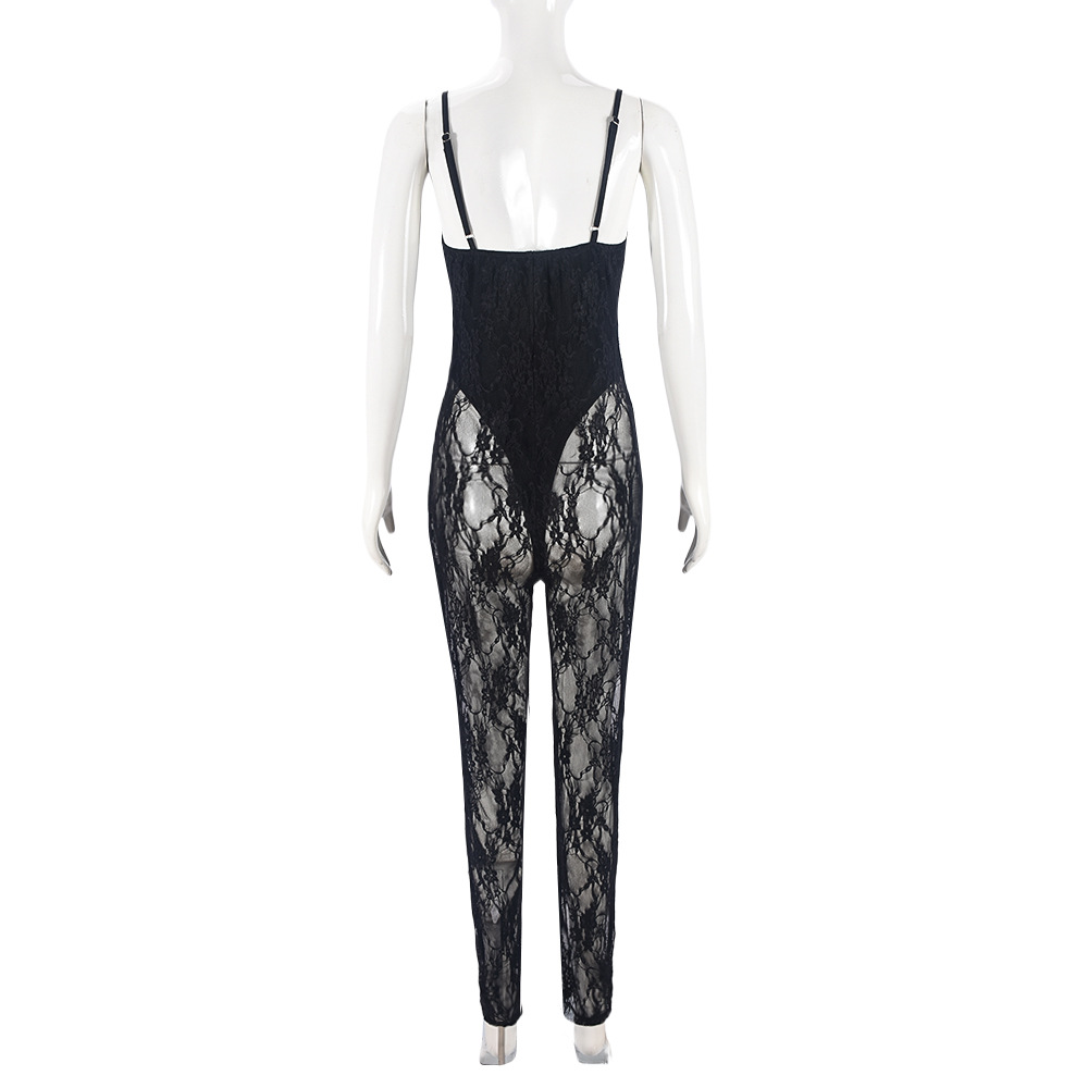Sexy Fall Women Clothing Sling Stitching Sheer Cutout High Elasticity Jumpsuit