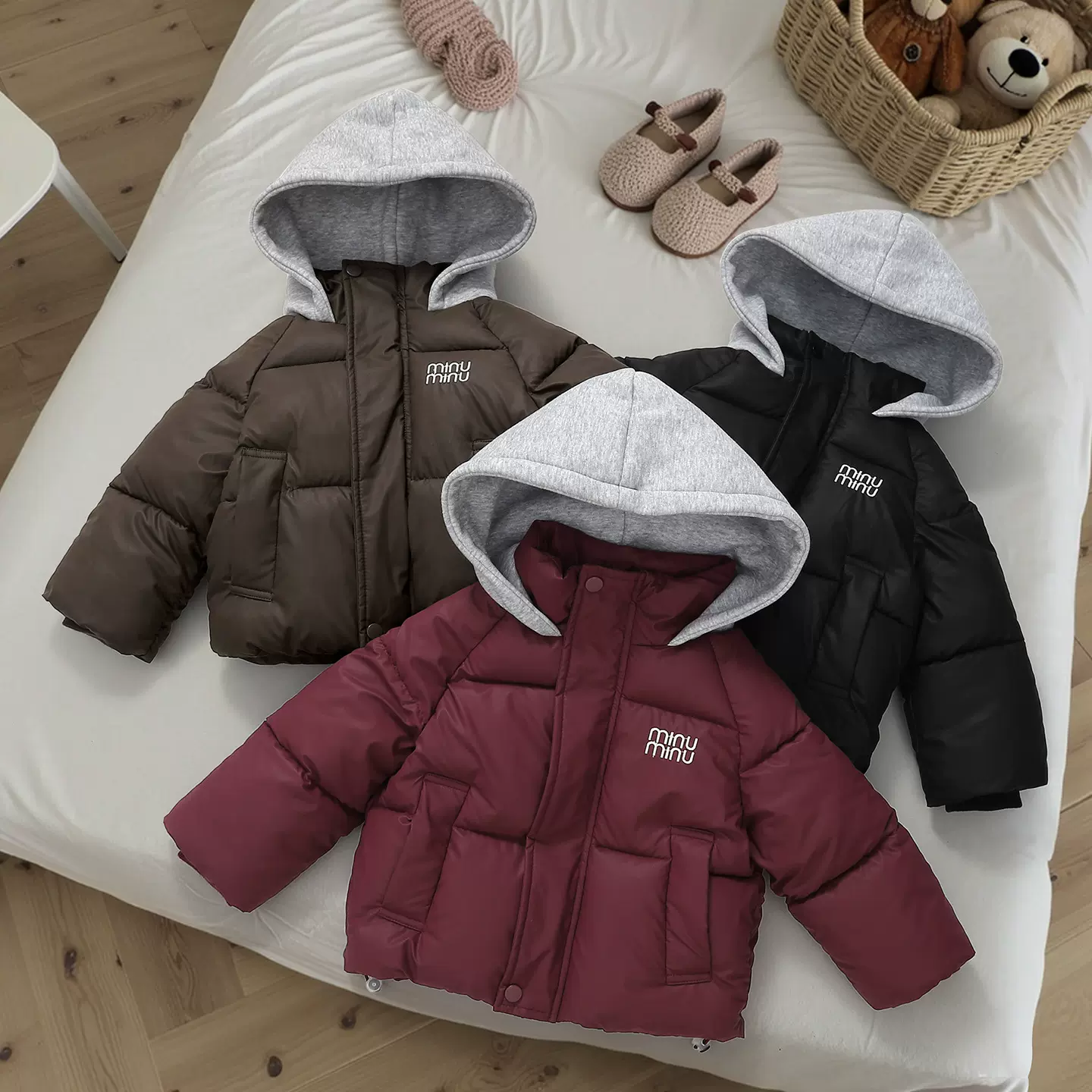 儿童免洗棉服男女童加绒加厚拼色连帽外套中小童宝宝冬装百搭棉袄