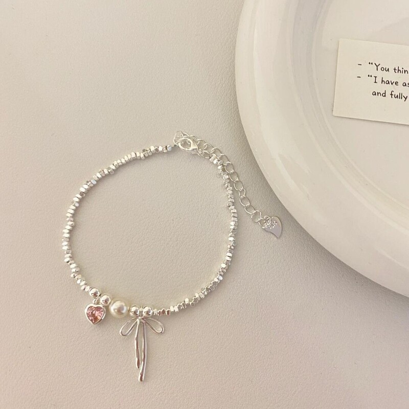 Broken Silver Bow Bracelet for Women Pink Love Pearl Simple Versatile Bracelet Sweet Potato Same Style