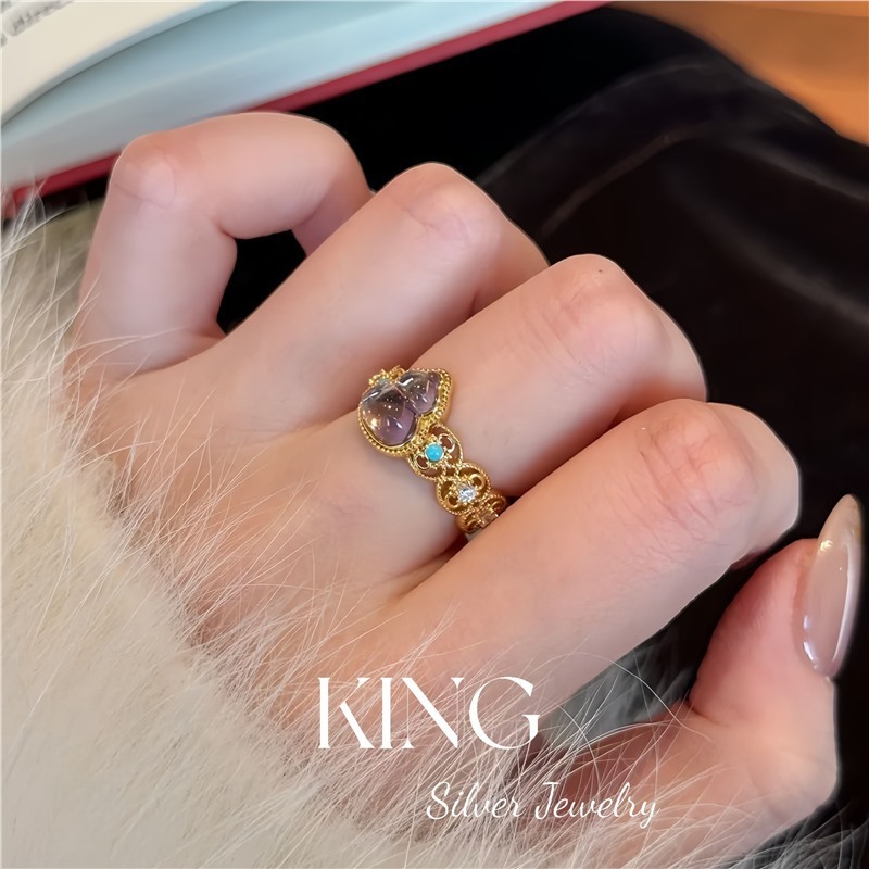 KING シルバージュエリー | アメジストの絶妙なリング | S925 シルバー ゴールドメッキ ハンギングループ形状 オールドマネースタイル ライトラグジュアリー 絶妙なリング|undefined