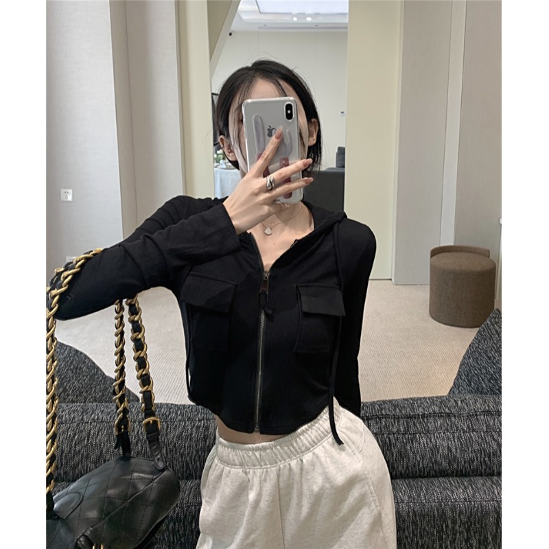 2023 Otoño e Invierno nueva chica caliente bolsillo con capucha Delgado cremallera cardigan suéter estudiante corto Top moda femenina