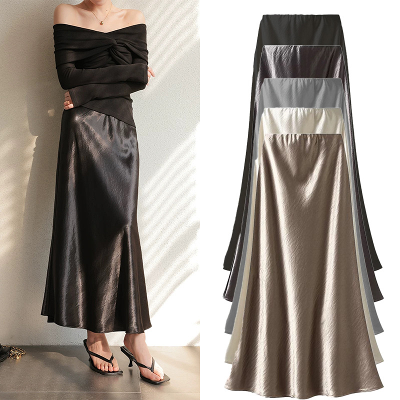 French-style early autumn textured acetate satin draped midi skirt, high-waisted, bodycon, fishtail, A-line long skirt.