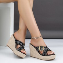 11cm坡跟凉鞋2025夏季新款草编时尚厚底露趾超高跟鞋