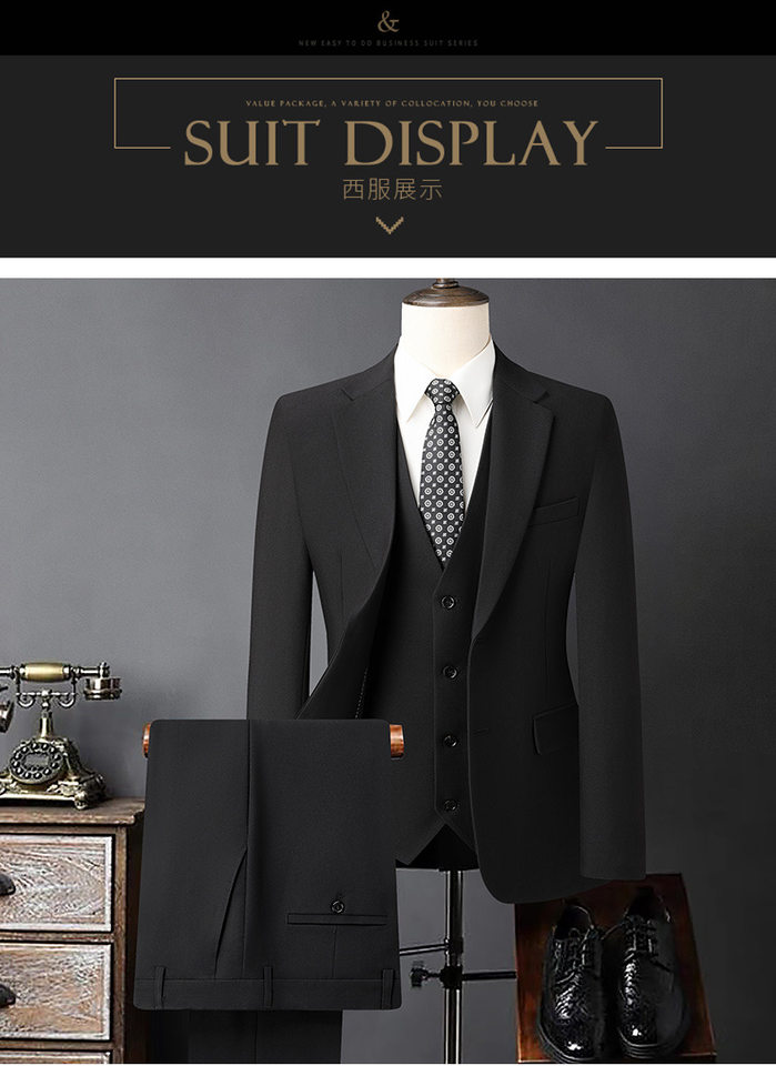 Bộ vest nam ba món vải co giãn bốn chiều, ve áo rộng, dáng ôm, phong cách công sở — Màu xanh tím than, màu xám, màu đen chi tiết 13