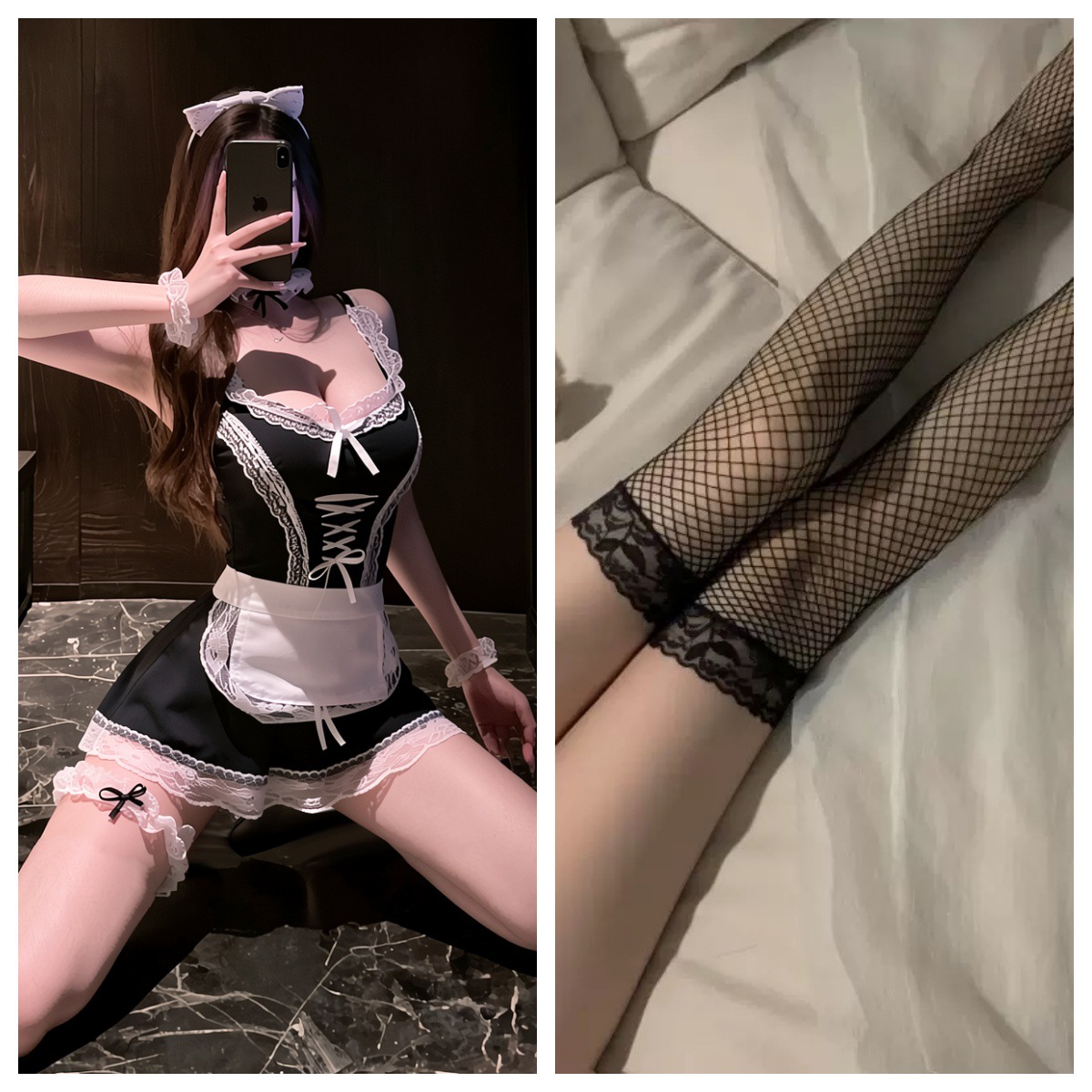 메이드복 + 블랙 망사 스타킹