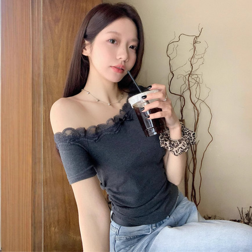 Ins Pure Desire Sexy One-Shoulder Lace Revealing Short-Sleeve T-Shirt Summer Slimming Bodysuit Short-Sleeve Top for Women