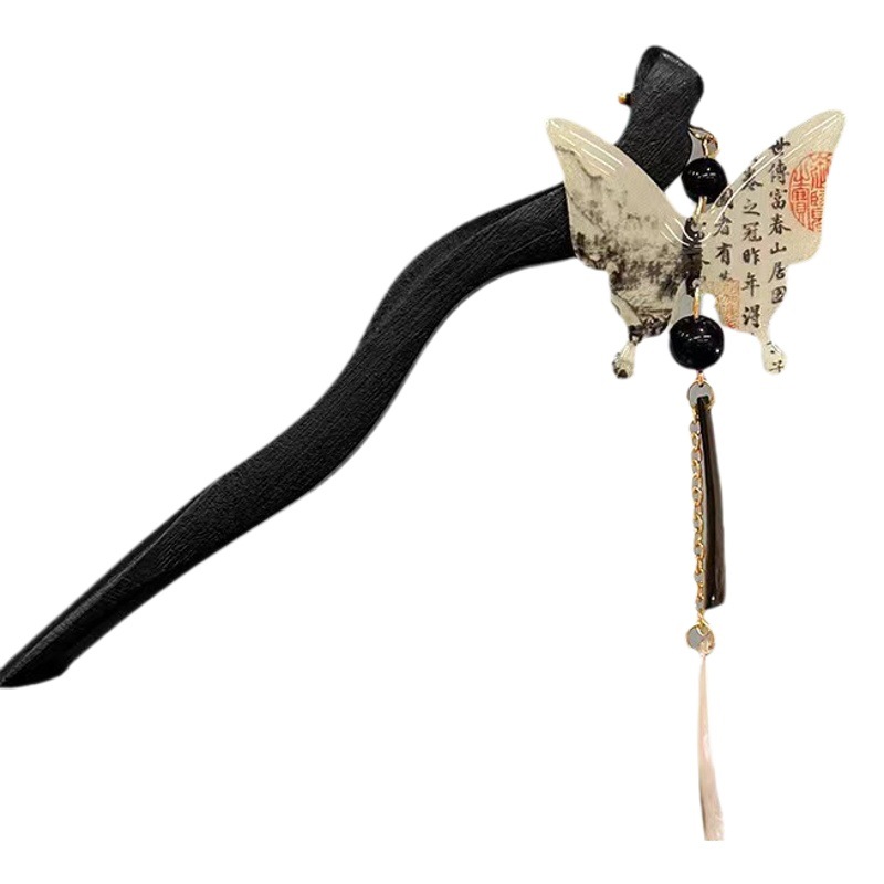 Nueva caligrafía china mariposa borla horquilla femenina estilo antiguo Tenedor de cabello Cabeza trasera updo horquilla de cabello estilo nacional horquilla de cabello accesorios de cabeza