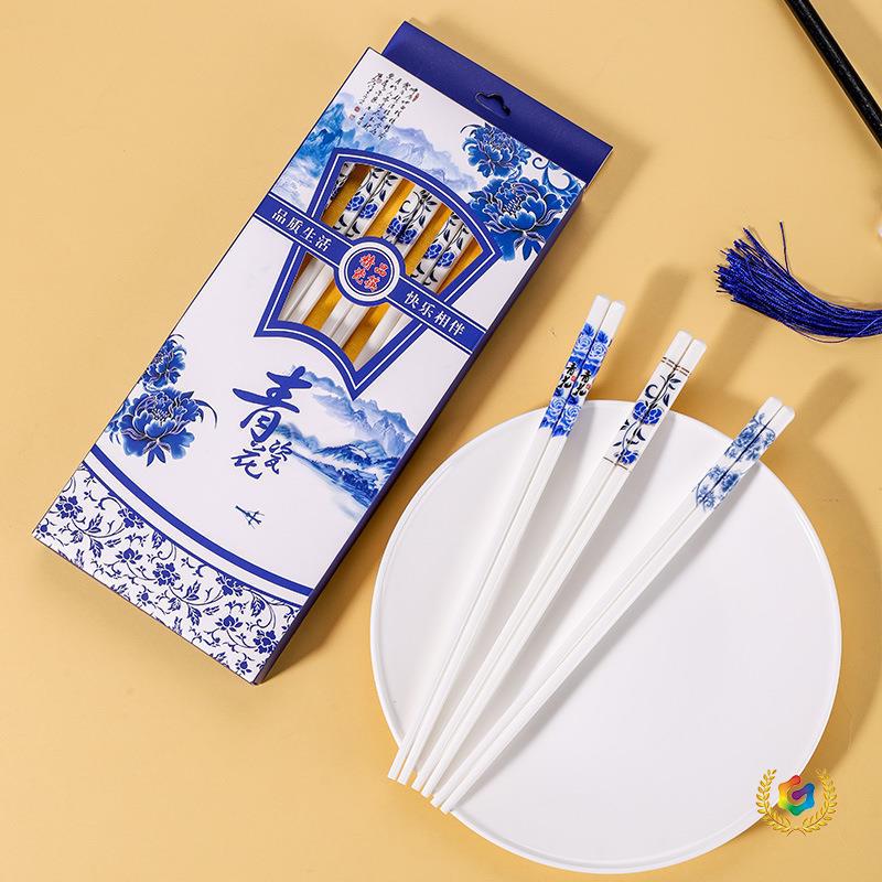 ✅宫廷风青花瓷筷珐琅彩新中式陶瓷筷子10双礼盒感餐具组