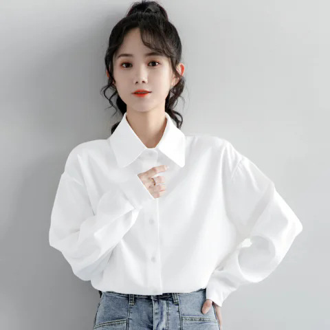 White Long-sleeved College Style Shirt Women's 2024 Spring and Autumn Student Casual All-match Polo Collar Inner Base Top