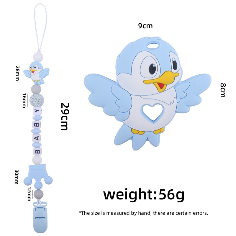 Nuevos suministros para bebés de dibujos animados animal pájaro mordedor calmante bebé chupete de silicona cadena teether traje de juguete