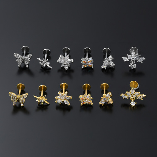 European and American fashionable stainless steel thin rod lip nails for women micro-inlaid zircon small animal flat bottom ear bone nails simple piercing jewelry