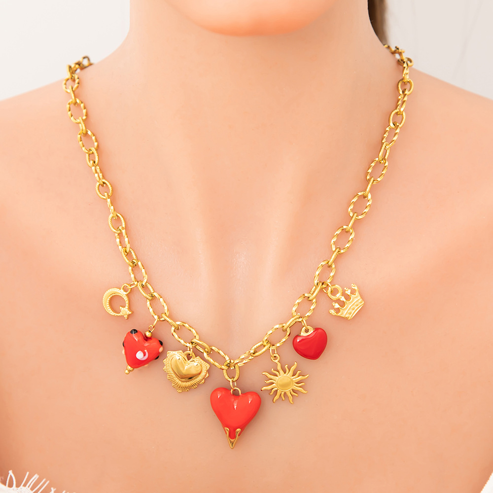30g Weight 18K Gold Plated Plating Material Wholesale Jewelry IG Style Sun Heart Shape Crown 304 Stainless Steel 18K Gold Plated Enamel Plating Pendant Necklace