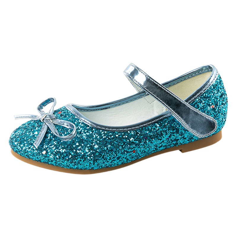 Zapatos de los niños de la princesa del arco del estilo coreano 2023 nuevos zapatos planos con lentejuelas de Velcro zapatos de cuero de la danza de las muchachas medias y grandes de los niños