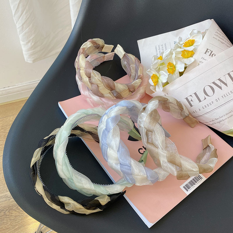 韩版新款辫子发箍拼色麻花发窟网纱编织宽边发捆褶皱发卡洗脸头饰
